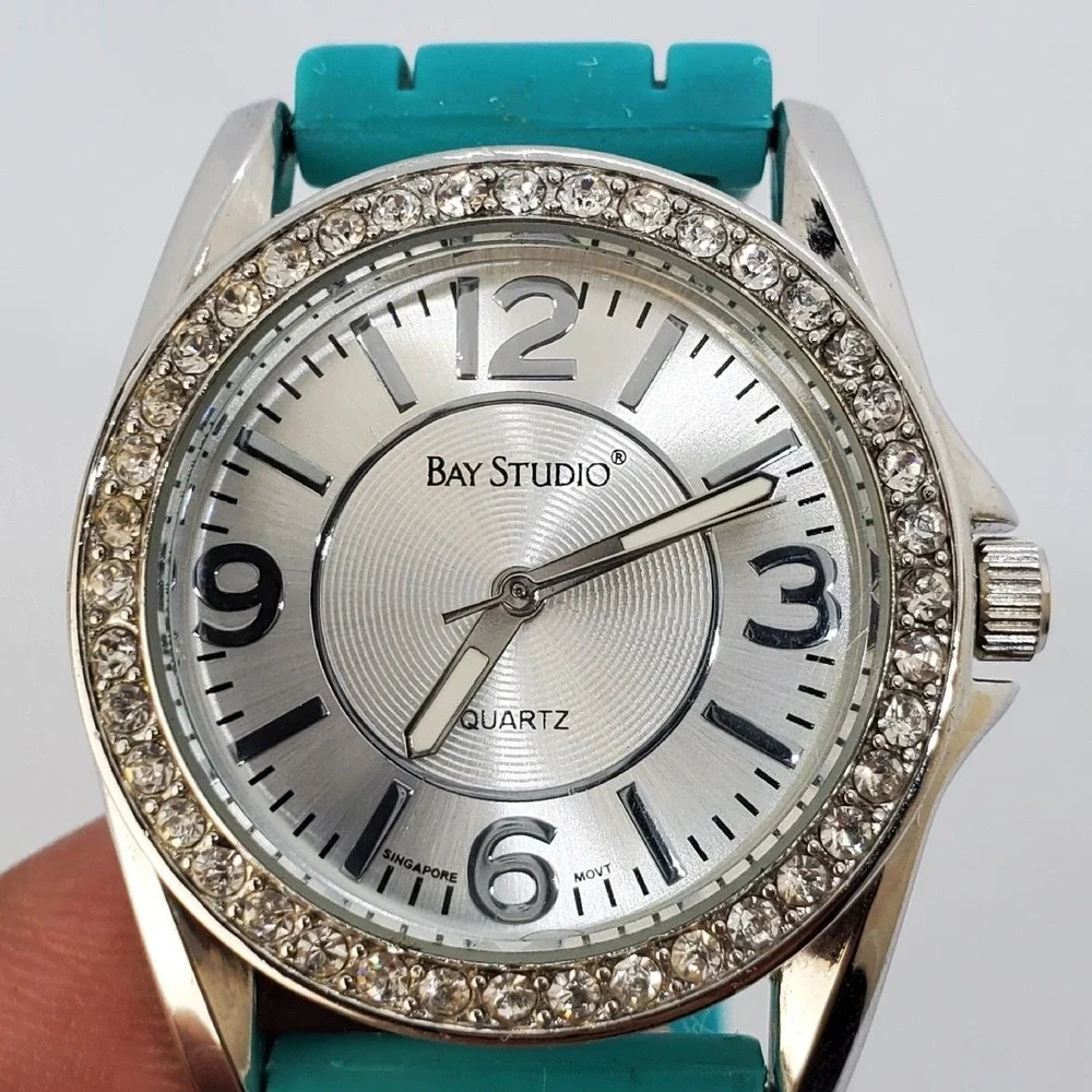 Bay Studio Women's Watch 31MM Gray Case Crystal Bezel Teal Plastic Bands NewBatt